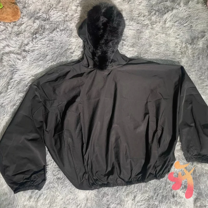 25ss New Unisex Black Fur Collar Hoodie Set Fashion Street Kanye Quick Drying Clothes Pants Men Women Outdoor Sunscreen Tops