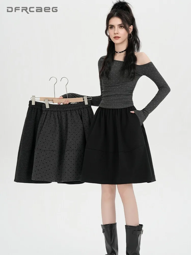 

Elastic Waist Polka Dots Patchwork Woolen Bud Skirt For Women Autumn Winter Casual Knee Length Umbrella Skirts Lady