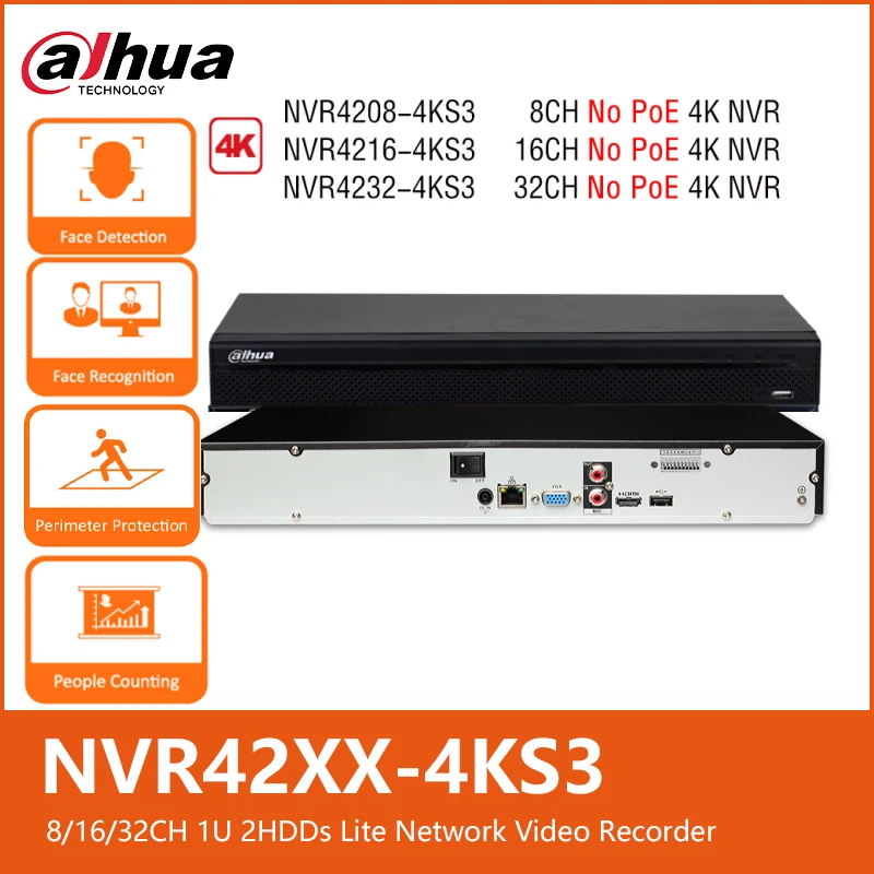 Dahua NVR4208-4KS3 NVR4216-4KS3 NVR4216-4KS3 8/16/32CH Lite Network Video Recorder NVR Security AI Camera Systems Face Detection