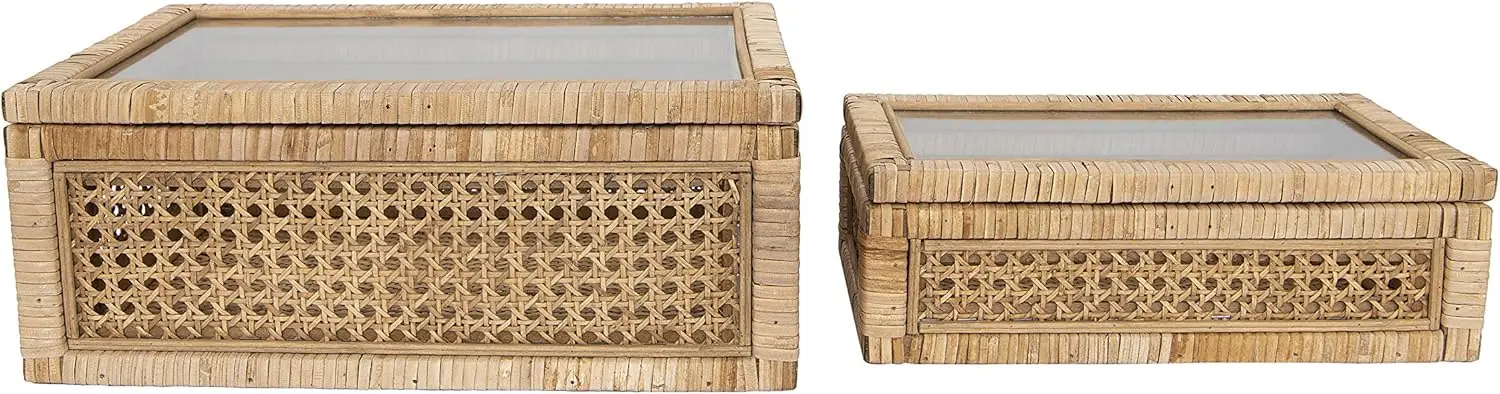 Modern Decorative Rectangle Woven Rattan and Wood Display Boxes with Glass Top, Set of 2 Sizes, Natural Finish