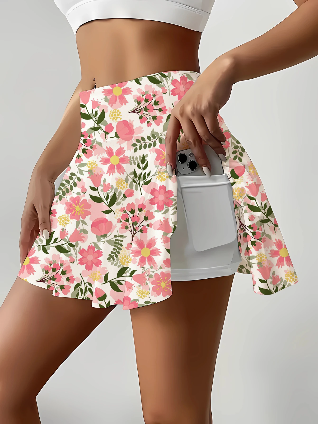 

Women's Floral Print Mini Skirt with Shorts Elastic Waist Summer Knit Fabric Pink Polyester Skirt with Pocket