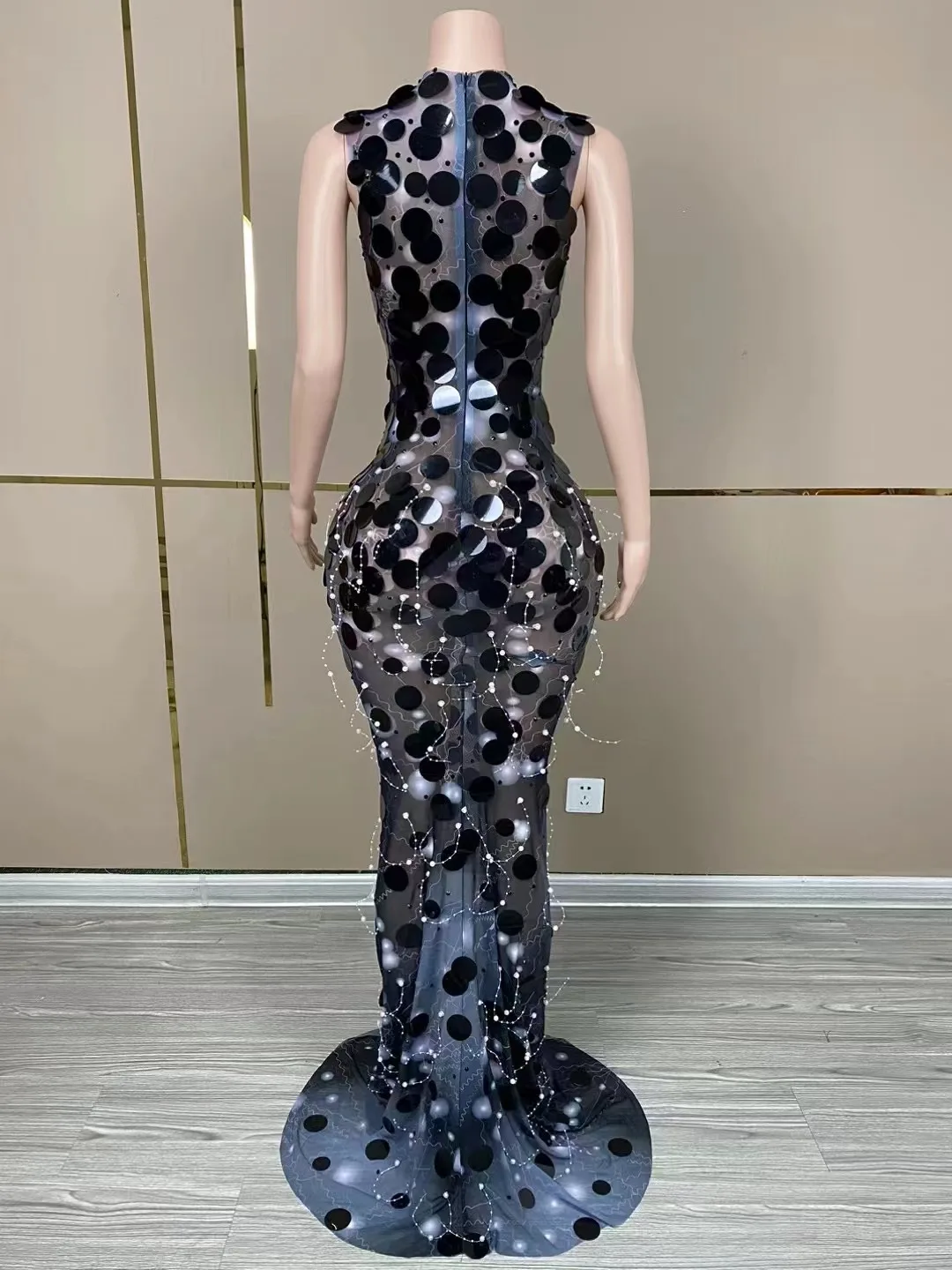 Sparkly Sleeveless Floor Length Round Sequins Dress Women Singer Birthday Evening Prom Outfit Red Photoshoot Dress