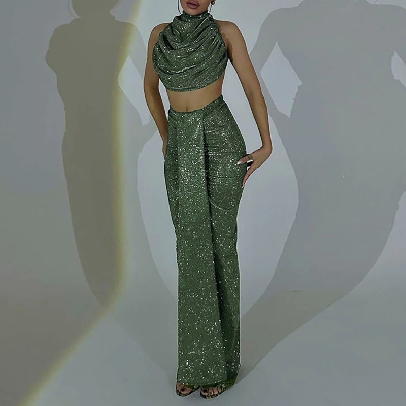 Sexy Sleeveless Bright Silk Slim Sets Elegant Halter Pile Collar Crop Top & Skirt Outfits Fashion Skinny Hight Waist Solid Suit