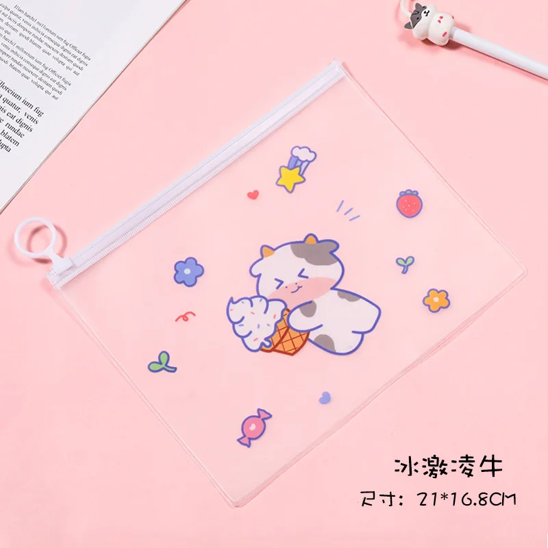 2 Buah Kawaii Sapi Folder File Transparan Kartun Tas File Alat Tulis Tas Ritsleting Penyimpanan File Organizer Folder Perlengkapan Kantor