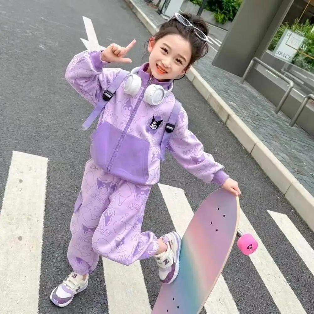 Sanrio Kuromi Hot Sports 2Pcs Spring Autumn Tracksuits Casual Girls Long Sleeved Suit Kawaii Sweatsuits Children Clothing