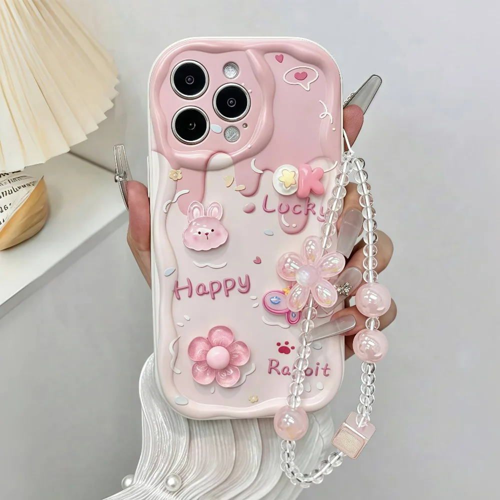 Pink Flower Square Beaded Phone Lanyard, Cute Clear Crystal Anti-Lost Wrist Strap Phone Charm for Women Girls All Smart Phones