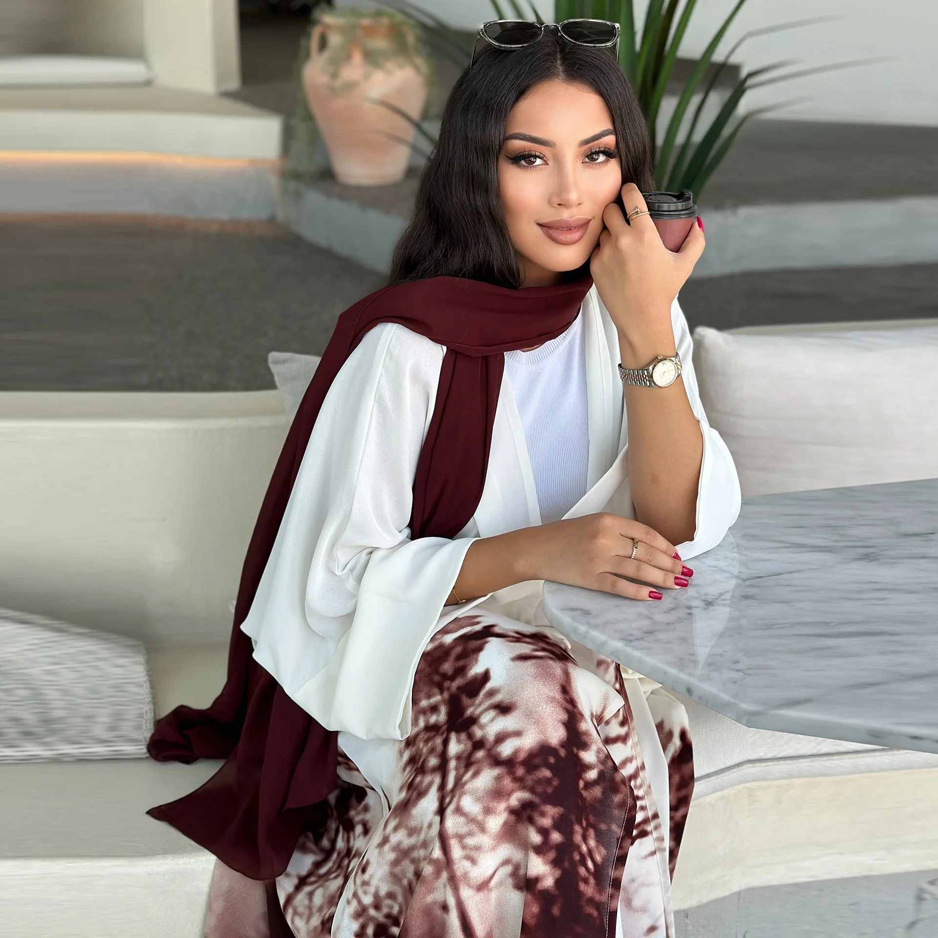 

Muslim Womens White and Red Abaya Unique Ombre Design, Blending Modesty with Trendy Aesthetic for Daily and Special Occasions