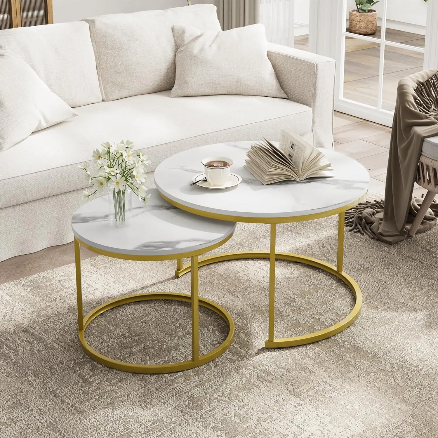 

White Nesting Coffee Table Set of 2, 27.6inch Round Coffee Table Wooden Marble Pattern with Adjustable Non-Slip Feet