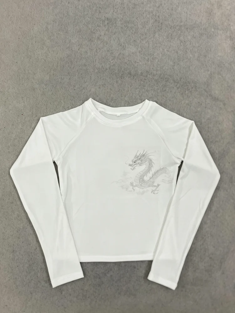 White Raglan Long Sleeve T‑Shirt Sketch Chinese Dragon Cloud Print Crew Neck Cropped Y2K New Chinese Style Slim Fit Base Top