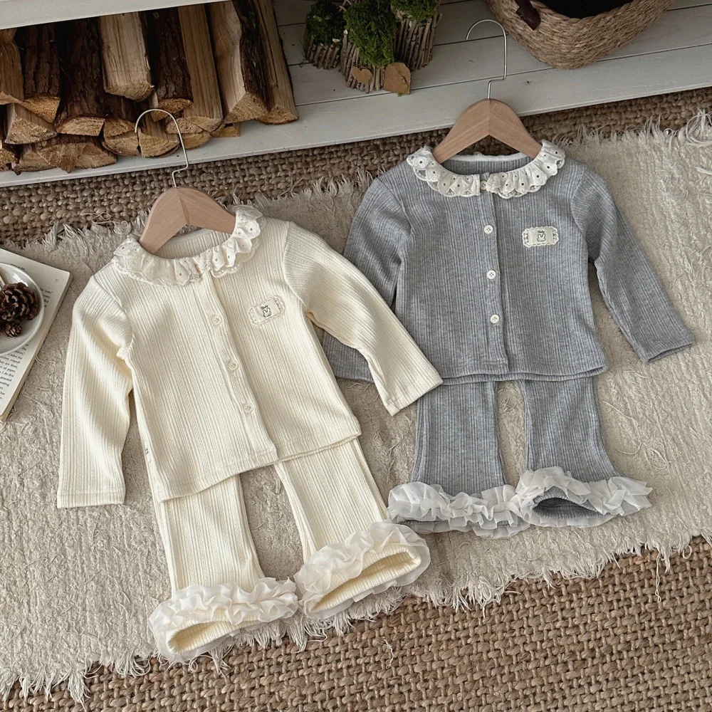 2026 Autumn 6M-4Y Kids Clothes 2 Piece Set Lace Collar Long Sleeve Shirt Ruffle Flare Leg Pants Baby Daily Casual Outfit