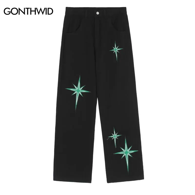 Calça jeans folgada estrela bordada vintage masculina, jeans hip-hop, calça casual de cintura alta, streetwear preto, Harajuku, 2024