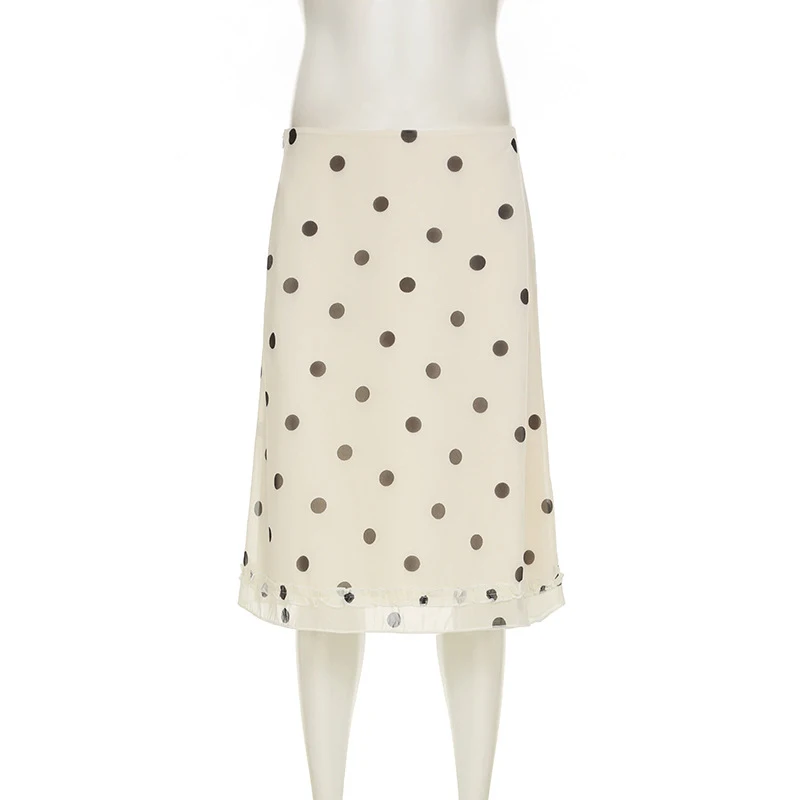 Trendy Fishtail Midi Skirt Polka Dots Cream White Black Women Summer Date Night Elegant Party Casual