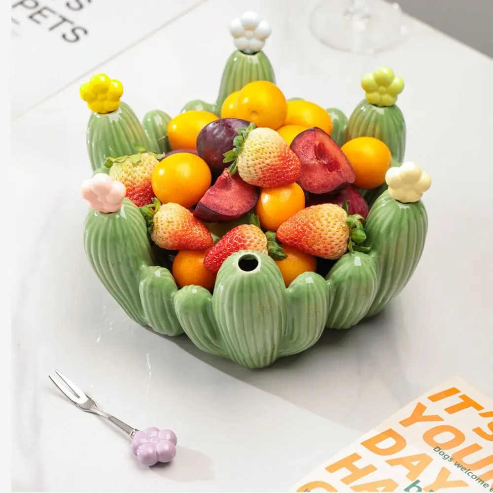 Creative Design Cactus Fruit Bowl Stainless Steel Forks Nordic Style Fruit Basin Fork Set Easy To Clean Reusable