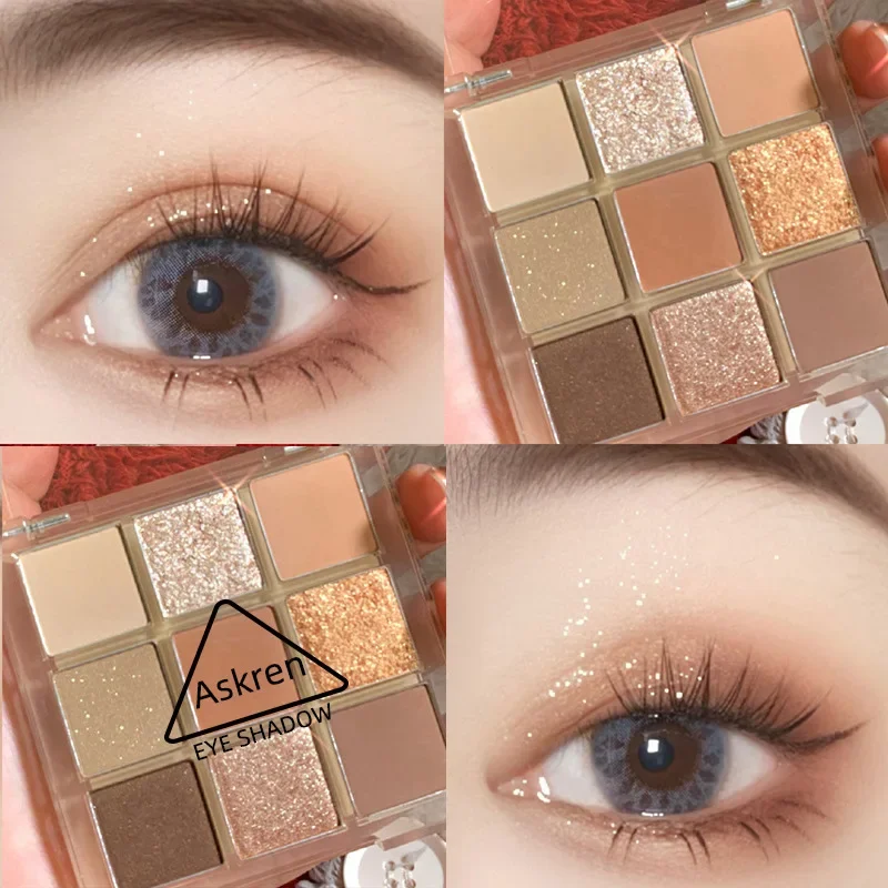 Paleta de sombras com grade palácio de nove cores, glitter perolado, segurando maquiagem, sombras brilhantes de longa duração, ferramentas de beleza para mulheres