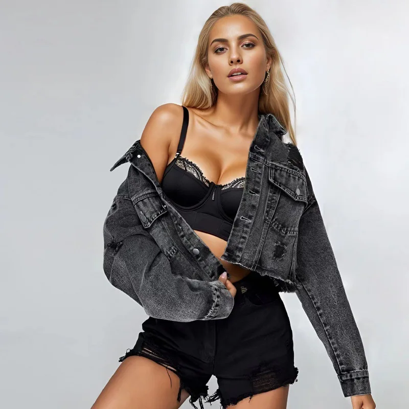 Women's Denim Jacket The New Fall Fashion Denim Short Jacket With Rough Edges and Holes T-shirts Casual Tops T-shirt Fp to Love