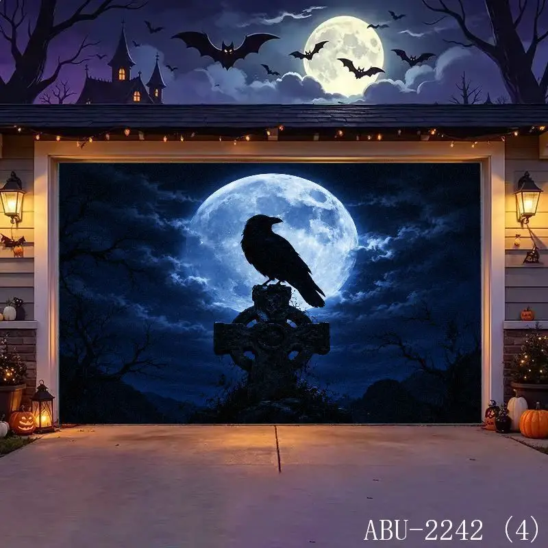 VIKAMA Halloween Gothic Carved Arch Full Moon Bats Garage Door Cover Tapestry Spooky Gothic Night Outdoor Home Decor Aesthetic