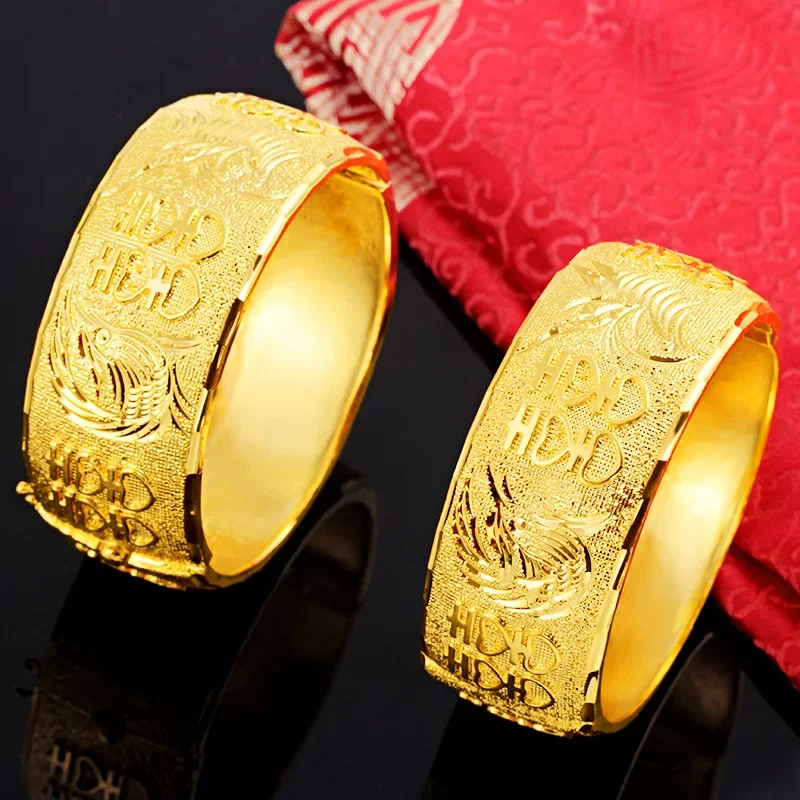 Pure Gold Color Bracelet for Women Bride Wedding Engagement Ragon Phoenix Matte Jewelry Gold Bangles Gifts Not Fade Gold