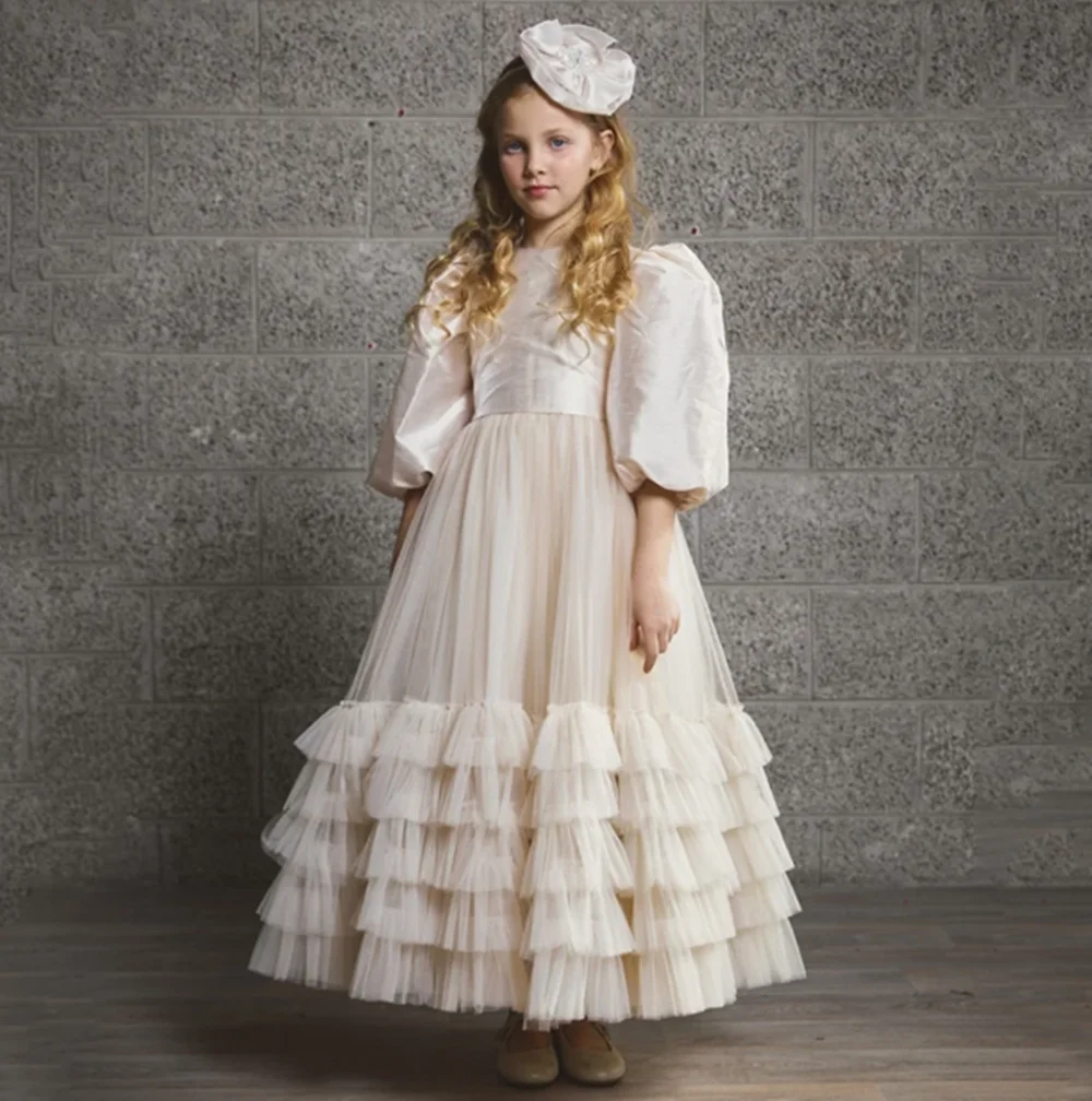 

Princess Puff Sleeve Tulle Pleat A Line Wedding Party Flower Girl Dress Bow Floor Length First Communion Dress Customized 2025