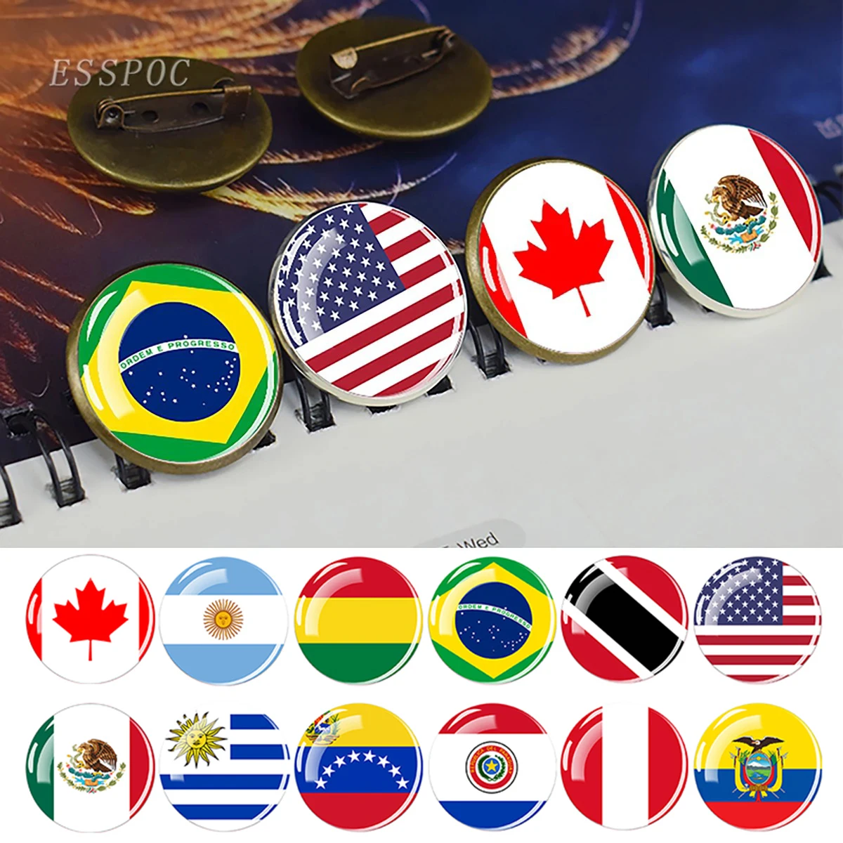 Przypinki z flagami krajów Ameryki: USA, Meksyk, Kanada, Brazylia, Chile, Kolumbia - odznaki, prezent dla patriotów.