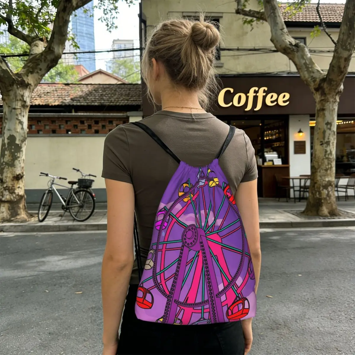 One Urban Ferris Wheel Pattern Backpacks Multi-function Drawstring Bags Sundries Bag Book Bags for Travel School
