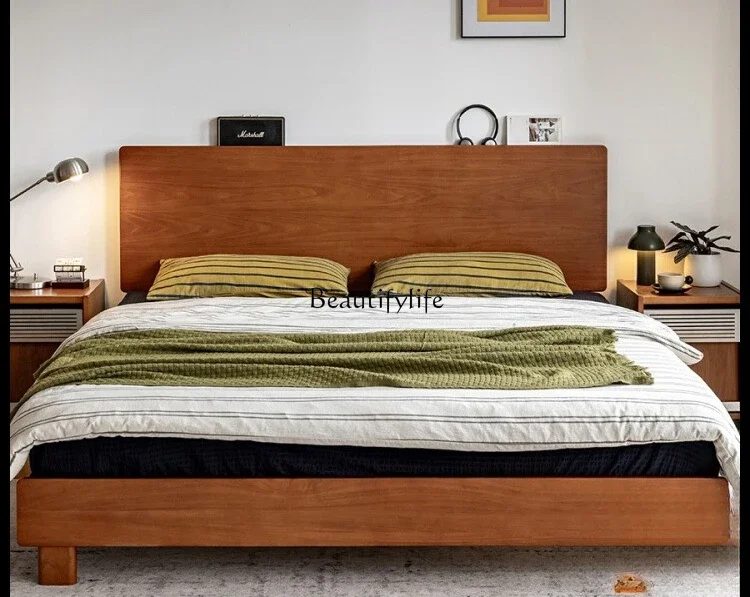 

12Vintage Style Solid Wood Bed Retro Thickened Solid Wood Furniture Bed Frame