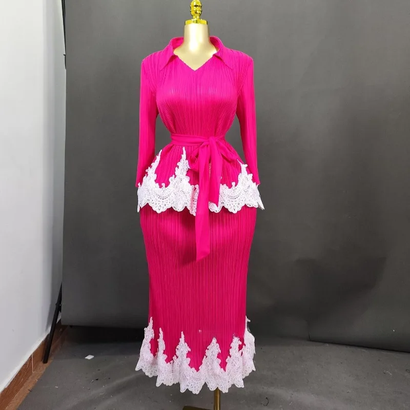 Miyake Pleated Middle Eastern Skirt Set 2026 New Fashion Long Sleeve Top Simple Elastic Skirt 2-Piece Set Plus Size Long Skirt