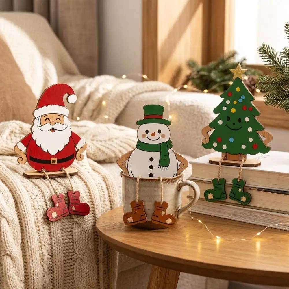 3Pcs Self Standing Santa Snowman Tree Ornament Handmade Craft Cartoon Style Dangling Leg Wood Figurine Vintage Rustic