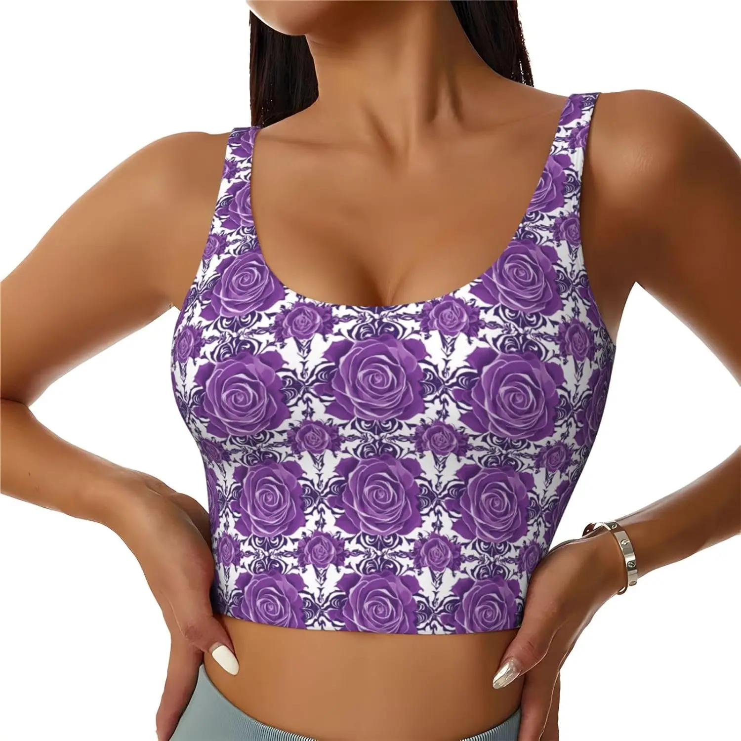 Beautiful Purple Roses Printed Women's Sports Vest Zipperless Sports Vest Suitable for Walking and Strength Training