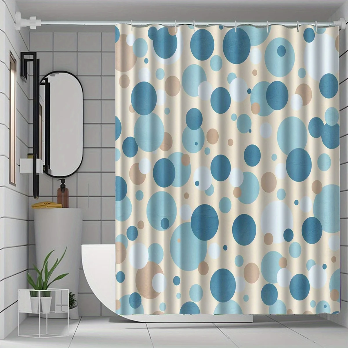 1pc Blue Round Pattern Shower Curtain with Hooks, Bathroom Partitions, Bathroom Accessories, Home Decoration