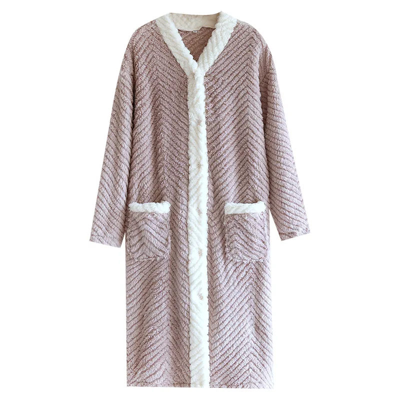 Winter Thicken Women\'s Nightgown Warm Solid Coral Fleece Bathrobe Long Sleeve Cardigan V-Neck Pajama With Pocket Home Nightdress