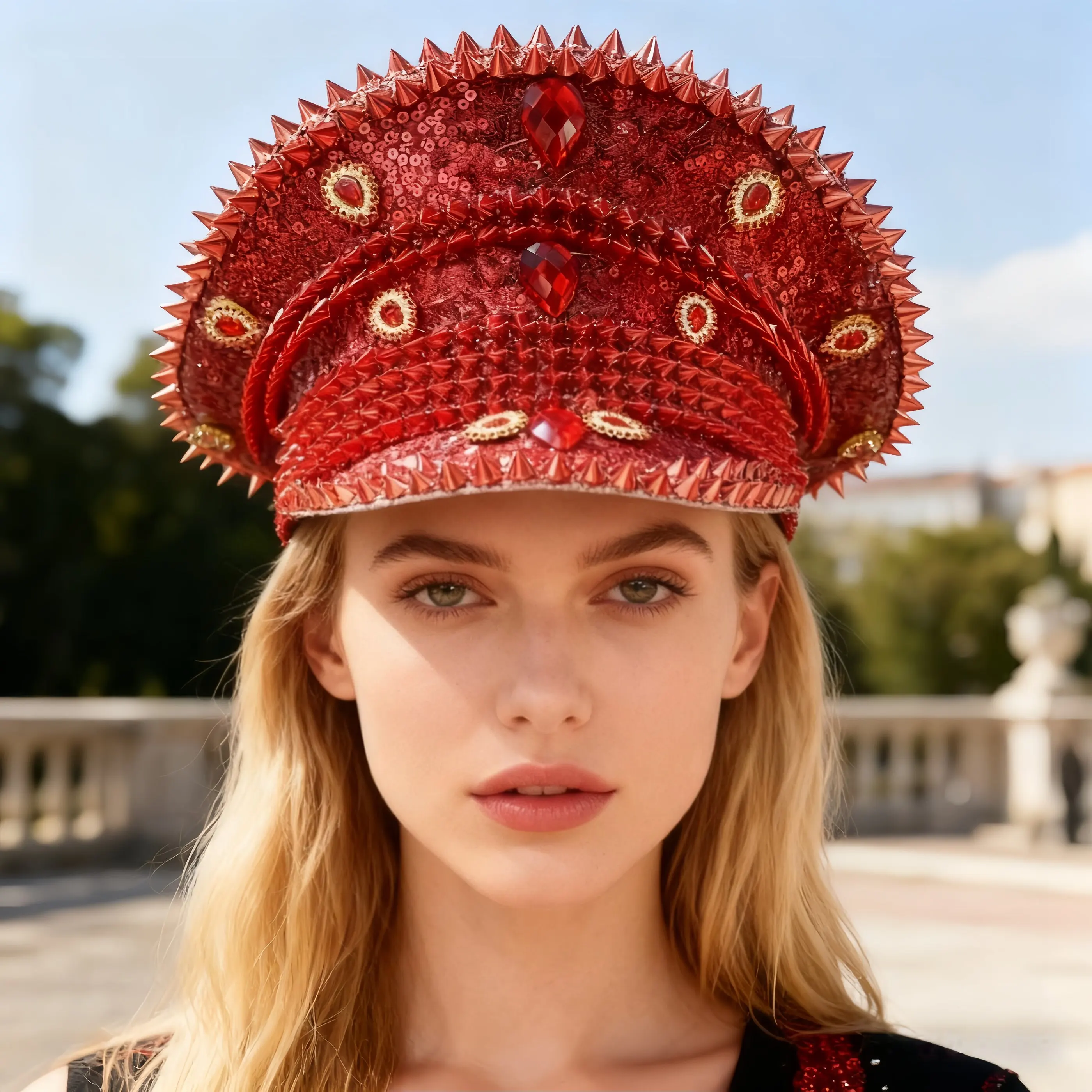 Red Rhinestone Luxury Festival Captain Hat Wedding Military Captain Hats Steampunk Caps Punk Rivets Sergeant Hat Masquerade