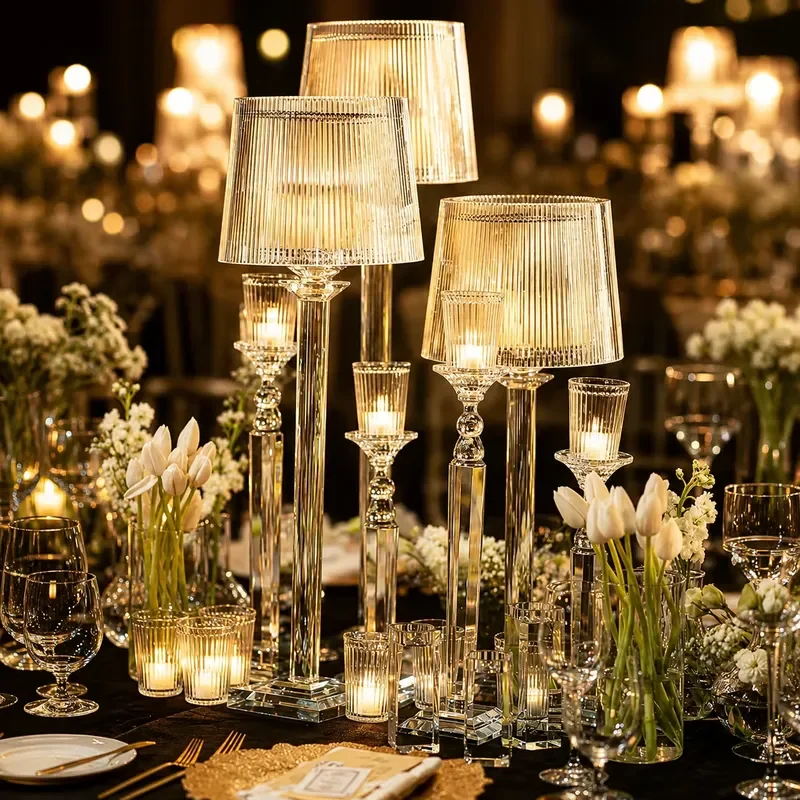 Elegant Tall Crystal Candlestick Set Handmade Three Piece Wedding Table Decor with Wishing Tea Light Shade New Design