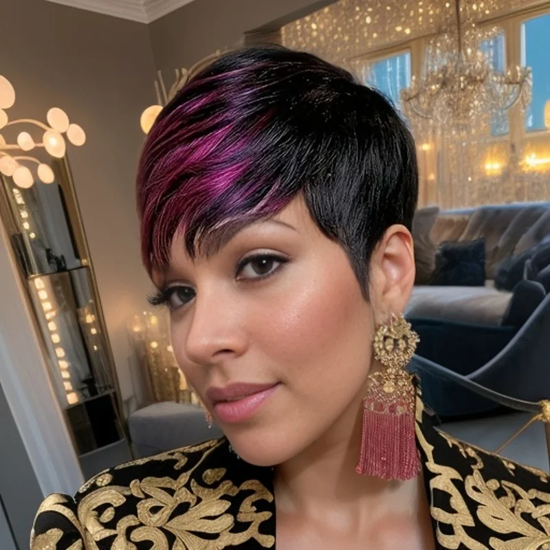 Rambut Manusia Lurus Warna Ungu 1b/Purple, Wig Pixie Pendek Berlapis-lapis Buatan Mesin dengan Poni