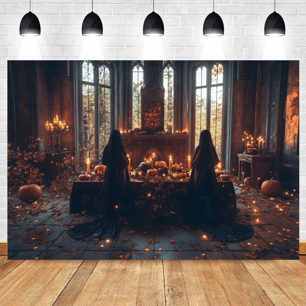 Sfondo della strega di Halloween Horror Night Flower House candele brucianti della chiesa divinazione zucca Light Party Photography Background