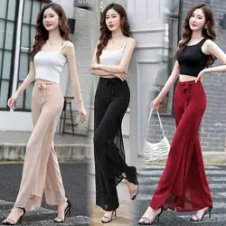 Chiffon Women's Pants Wide Leg Satin Clothing with Slits Silk Loose Baggy Casual Y2k Streetwear Trends 2025 G Trousers for Woman