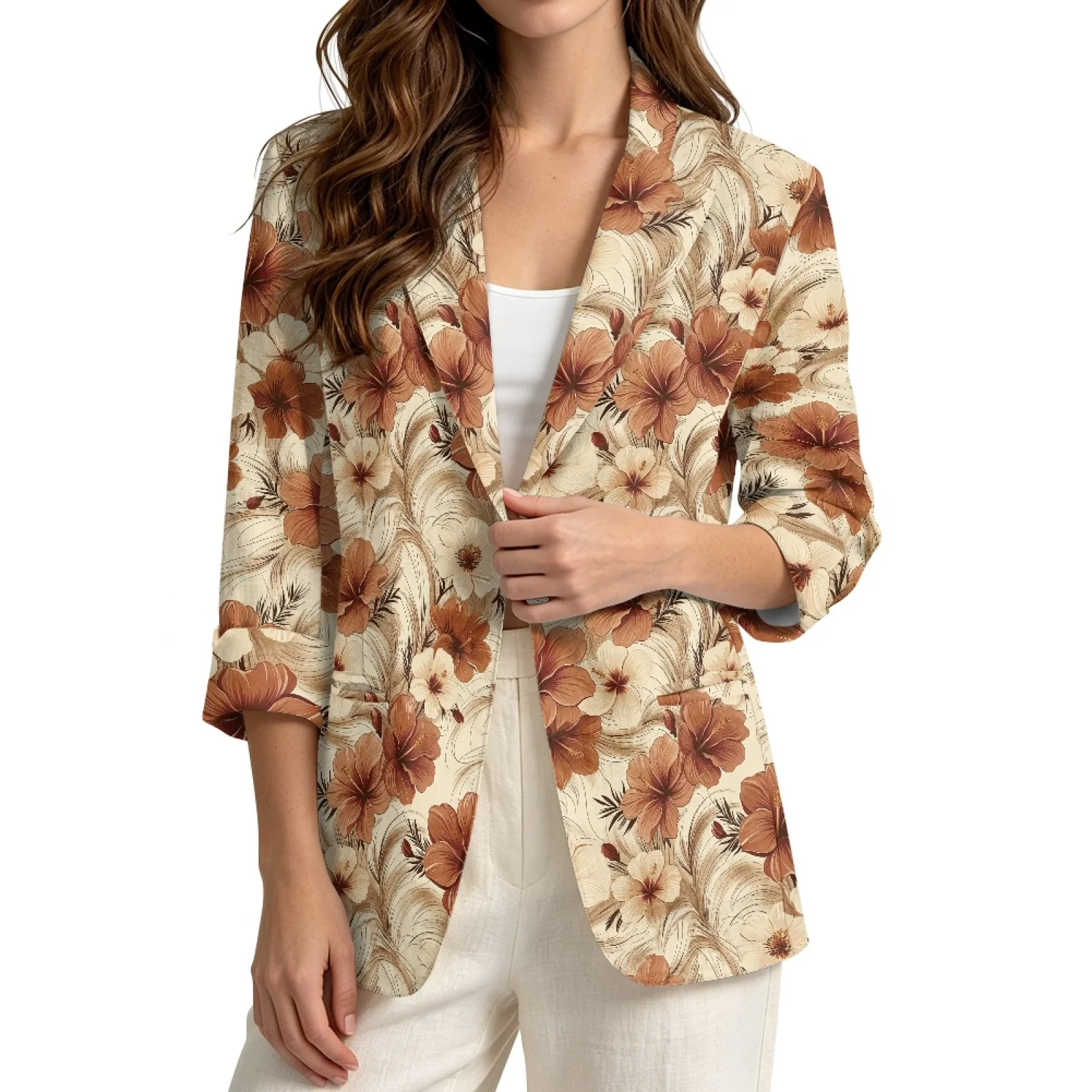 PENSTROLL Brown Hibiscus Print Linen Style Open Front Button Cardigans for Going Out Lightweight Outerwear Fall Jackets