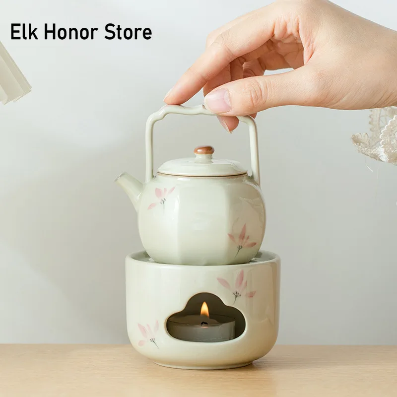 125ml Pure Hand-painted Pink Orchid Octagonal Lifting Beam Ceramic Tea Pot Warmer Tea Cooking Stove Household Kung Fu Teaware