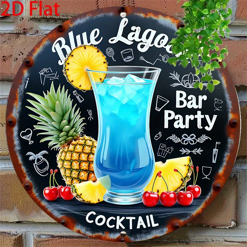 2D Flat - 【2D Flat】 2D Flat - [2D Flat] 1pc 2D Flat Metal Sign Featuring a Retro Round Design with a Blue Lagoon Cocktail, Pinea