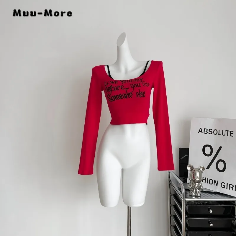 

2023 Autumn Winter Sexy Casual Letter Print Long Sleeve Slash Neck T-Shirts Women's Fashion Hotsweet Club Style Sheath Tees Tops