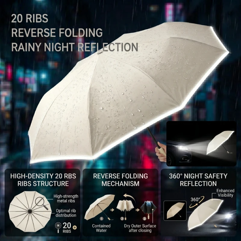 20 Bones Men Women Umbrella Fully Automatic Reverse Folding Umbrella with Windproof Reflective Stripe UV Umbrellas