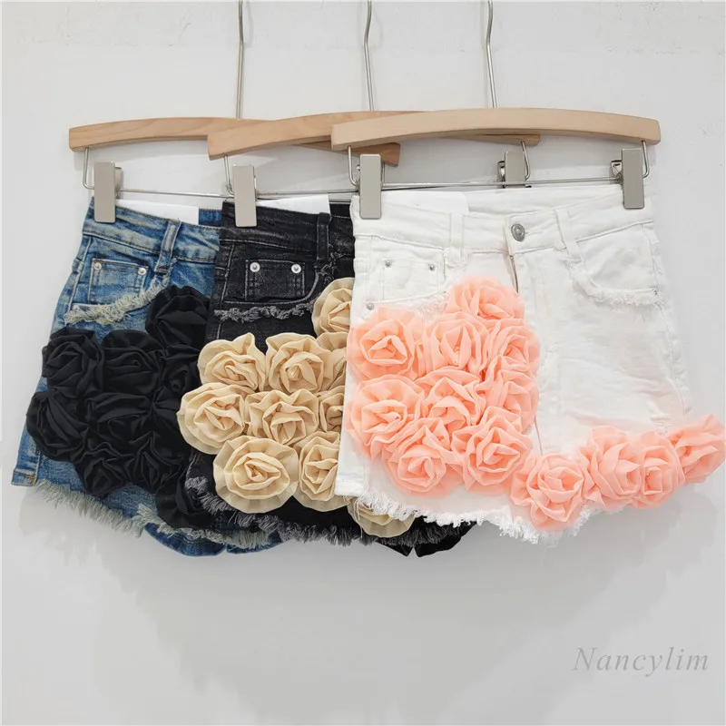 European Style Flower Design Raw Edge Denim Skirt Shorts for Women 2024 Summer New Retro Stretch High Waist A- Line Hot Pants