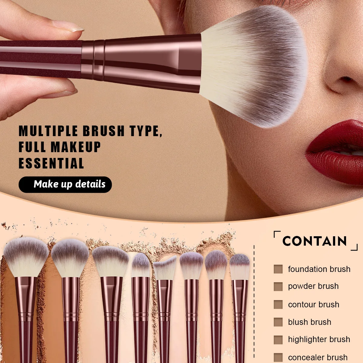 58Pcs Wine Red Brown All-in-One Makeup Tools Set, Professional Full Face & Eye Makeup Brushes, Bow Plush Headbands, Triangle Powder Puffs, Multi-Size Makeup Sponges, Reusable Clean Pads & Silicone Brush Cleaner