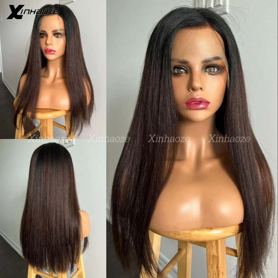 

Ombre Brown Color 13x6 Lace Front Layered Wig Remy Brazilian Human Hair Pre Cut Straight Natural Black Frontal Wigs Pre Plucked