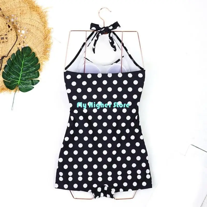 Shaping Monokini Swimsuit for Women Ladies Vintage Halterneck Beachwear Tummy Control Full Coveraging Leg Swimwear