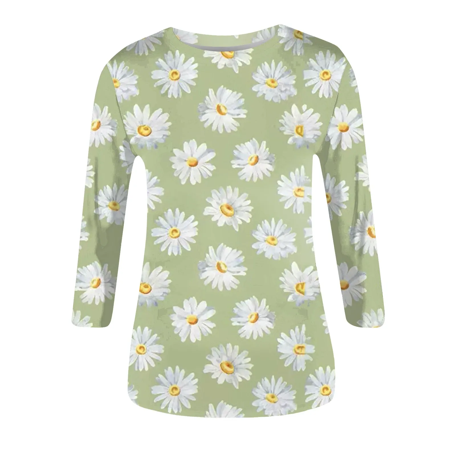 Floral Print Women T Shirt Fashion 3/4 Sleeve Shirt Flower Graphic Tees Blouses Casual Basic Tops Loose Pullover Ropa Para Mujer