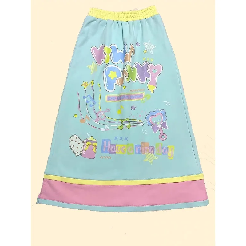 Cute Printed Candy Girl for Woman 2024 Autumn Dopamine Color Patchwork Hoodie Sweet Girl A-line Y2k Loose Dress Long Skirt