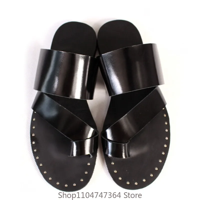 Design Concise Cowhide Handmade Sandals Men's Shoes Summer Rivet Open Toe Outdoor Casual Flat Sole Casual Slippers Male