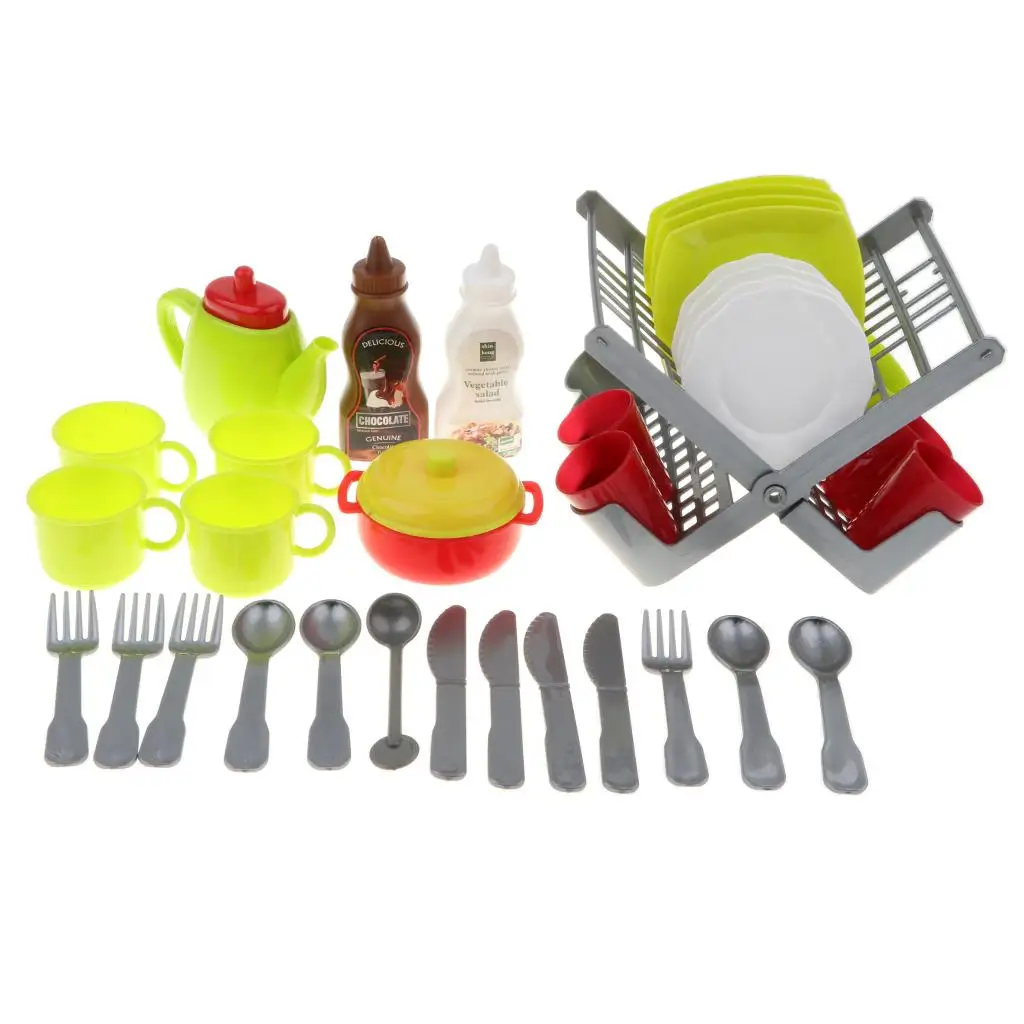 

Pretend Play Dishes Set (34pcs) with Drainer, Kids Educational Toys