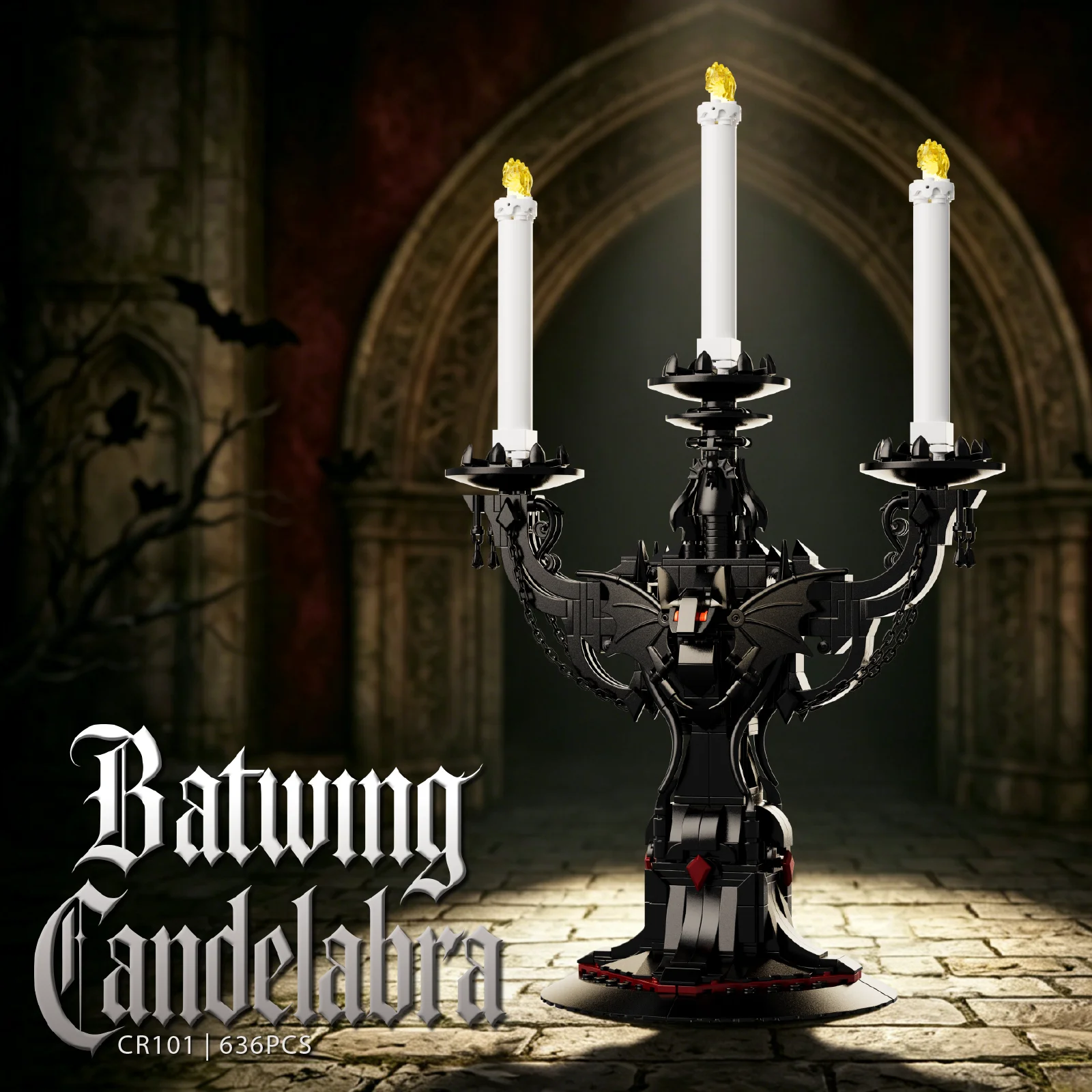 Gothic Batwing Candelabra Building Blocks Kit Simulation Candle Holder Ornament Dark Decor Bricks For Christmas Halloween Gifts
