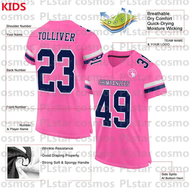 Custom Pink Navy-White Mesh Authentic Football Jersey 3D Printed Kids Football Jersey Boys Tops Girl Tees